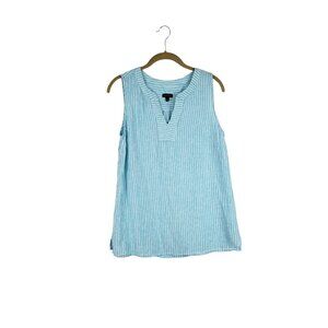 Talbots Split Neck Tank Linen Shell Top Coastal Teal White Womens Size Small